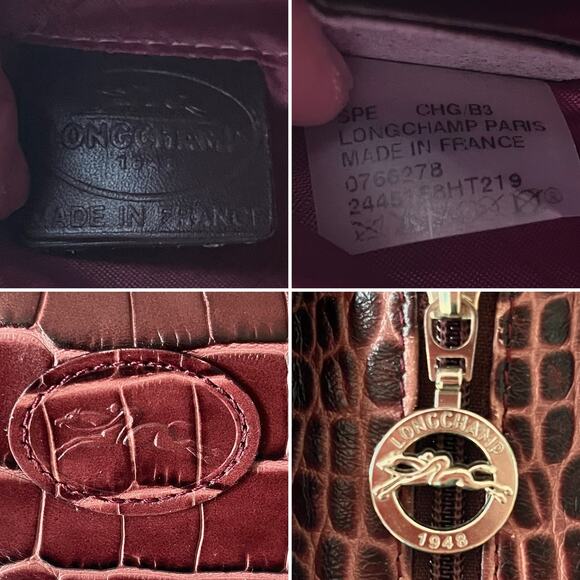 Vintage Longchamp Crocodile Croc Embosed Leather Shoulder Bag Burgundy Y2K - Picture 3 of 10